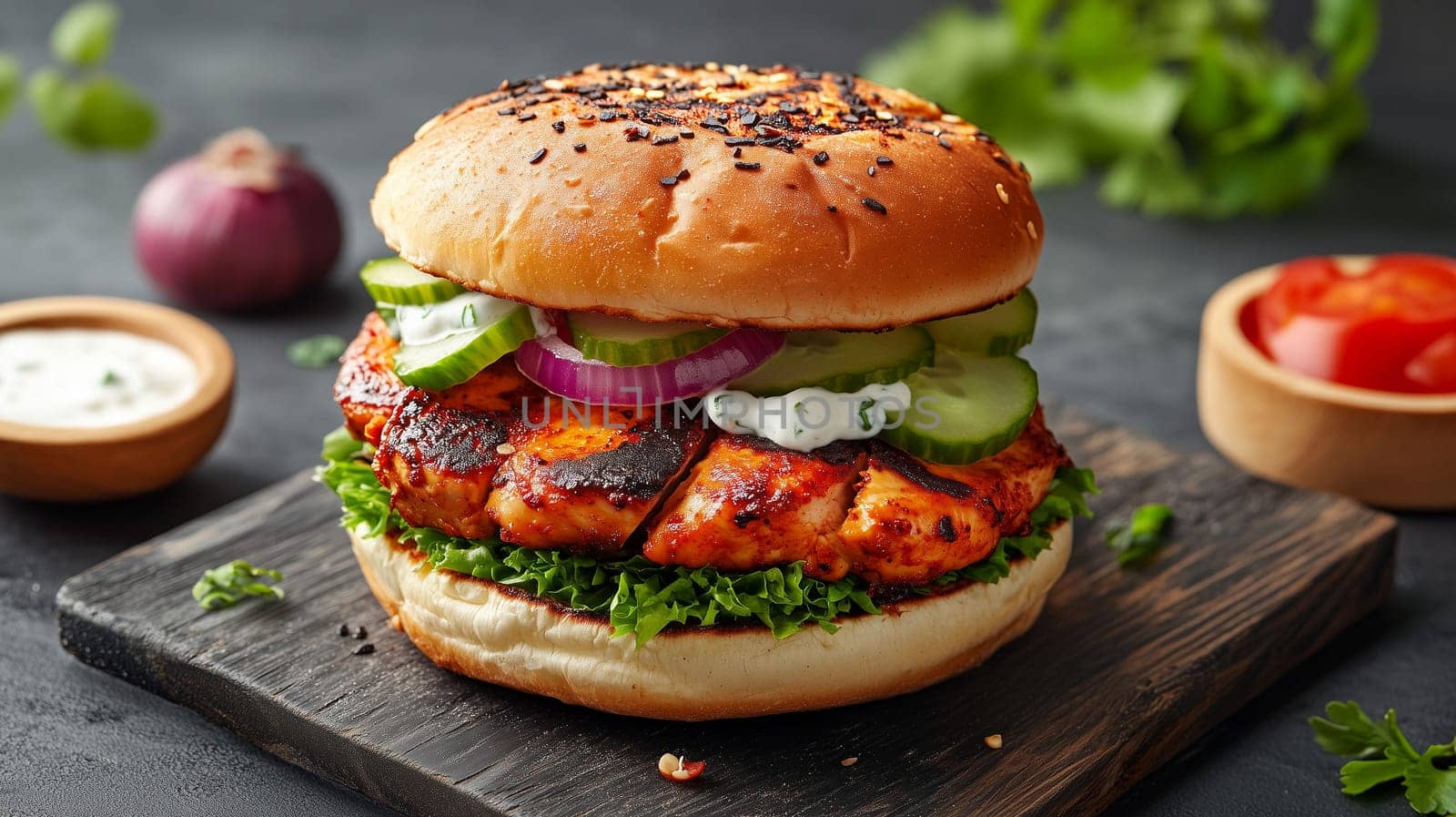 A grilled chicken burger topped with fresh lettuce, onions, cucumbers, and a creamy sauce, presented on a wooden board alongside sliced tomatoes.