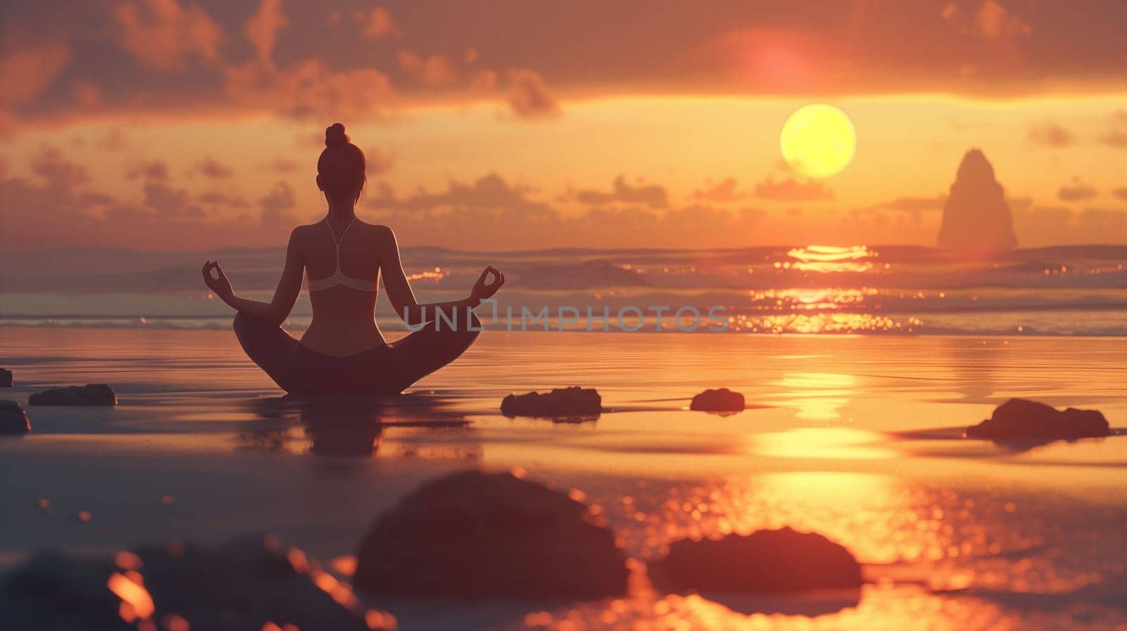 A person sits cross-legged on the sand, practicing meditation as the sun sets over the horizon. The warm orange and pink hues illuminate the tranquil ocean waters, creating a serene atmosphere. Gentle waves softly lap at the shore, complementing the peaceful ambiance of the moment.