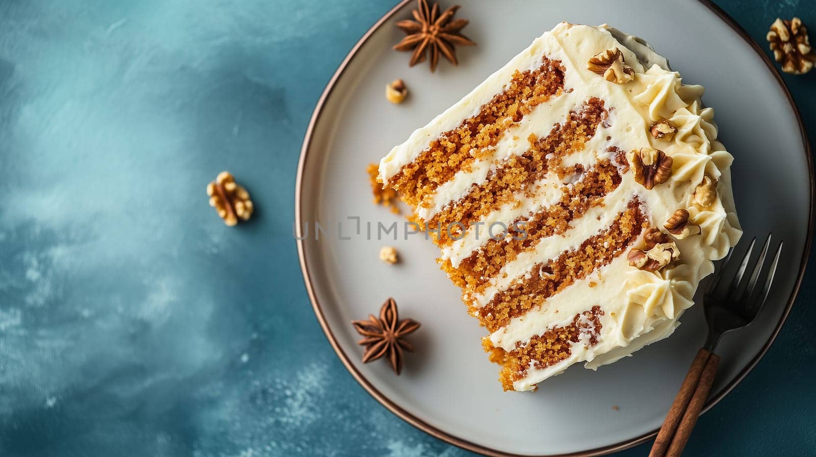 A delectable slice of carrot cake showcases layers filled with moist sponge and cream cheese frosting, garnished with walnuts, on a stylish round plate.