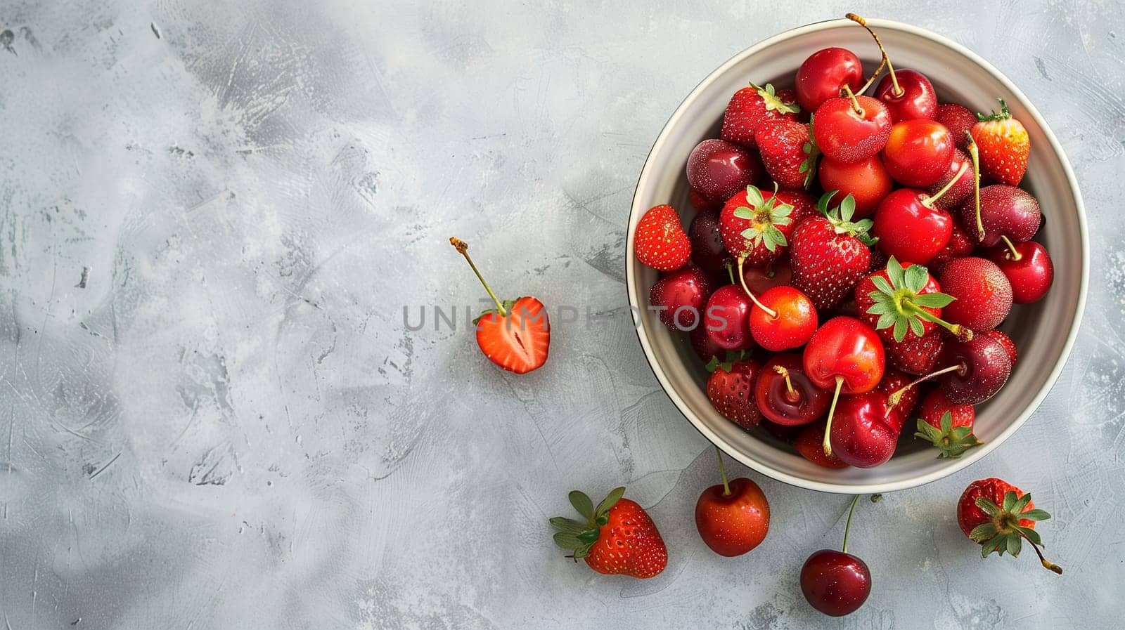 A bowl filled with vibrant cherries and ripe strawberries rests on a light gray surface. Some strawberries and cherries spill out of the bowl, adding a touch of color and abundance. The arrangement highlights the freshness and natural beauty of the fruits.