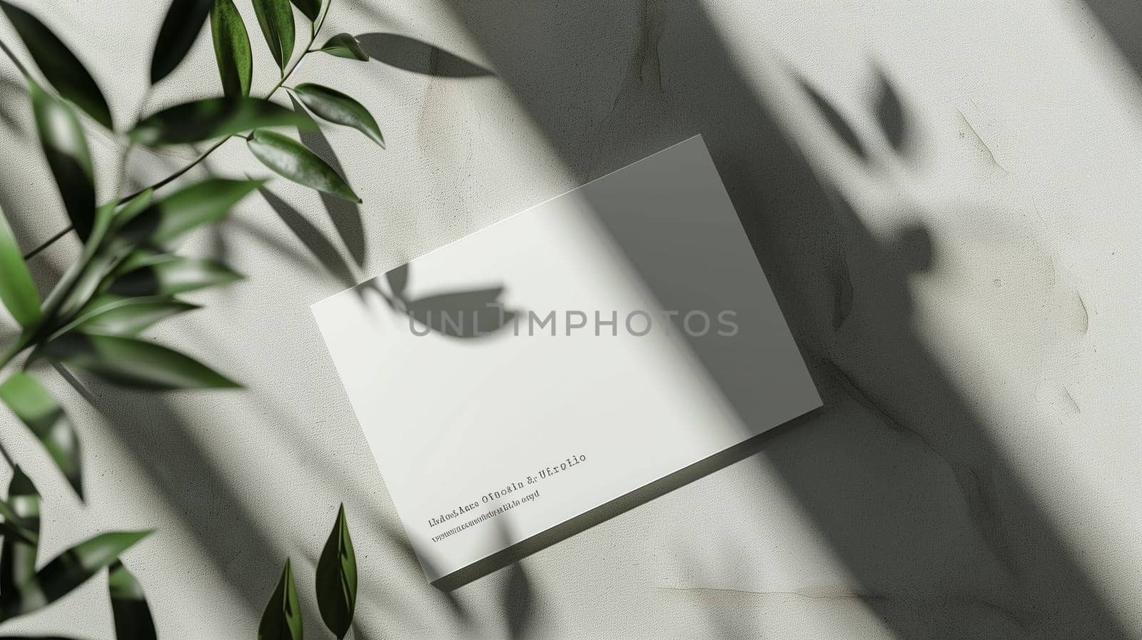 A sleek, understated card is placed gently on a light gray surface. Soft shadows from green leaves create an intriguing pattern around the card, enhancing its minimalist aesthetic and inviting a serene atmosphere.