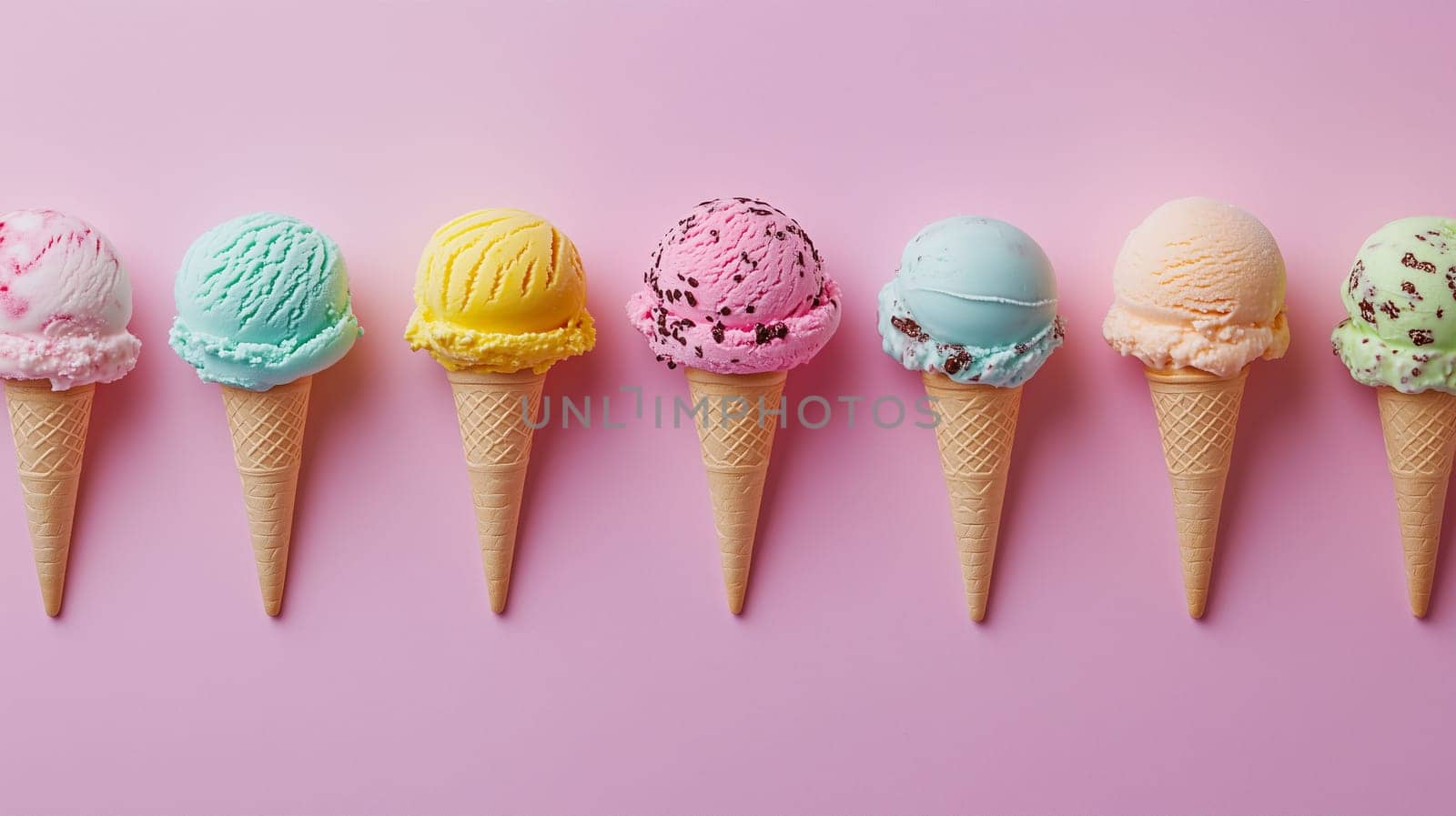Seven ice cream cones with different flavors sit in a straight line against a pink backdrop, showcasing a vibrant array of colors and textures.