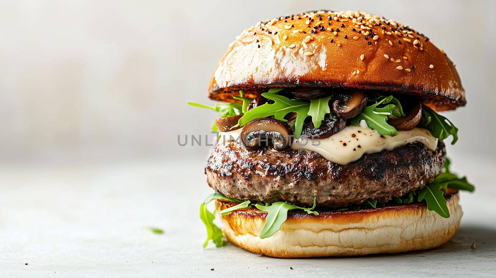 A delicious beef burger layered with creamy sauce, mushrooms, and arugula rests on a soft sesame seed bun.
