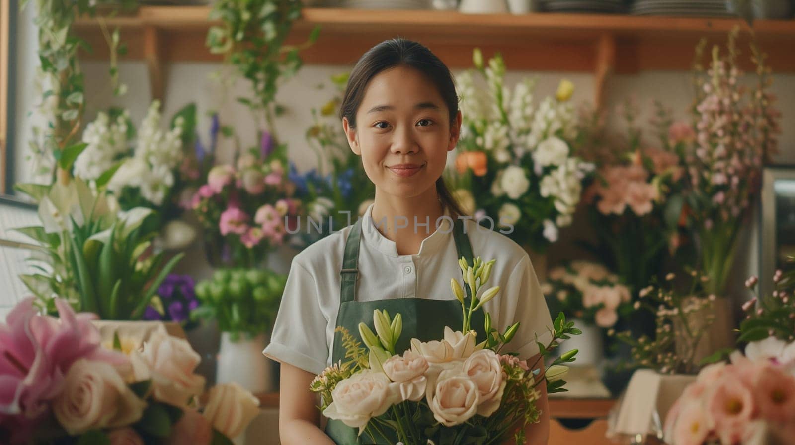 A young woman stands proudly in her floral shop, carefully arranging a bouquet of fresh flowers. The shop is filled with a diverse array of colorful blooms, creating an inviting atmosphere. Sunlight filters through the large windows, illuminating her smile as she showcases her passion for floristry.