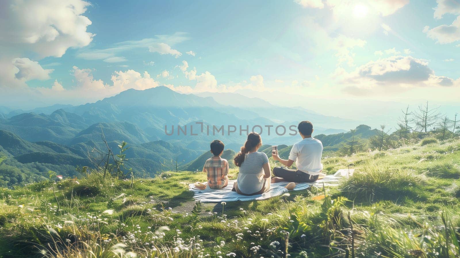 A family sits together on a blanket overlooking a breathtaking mountain landscape filled with lush greenery. The bright sun casts warm light on their joyful faces as they relax and take in the beauty of nature, creating lasting memories on this tranquil day.