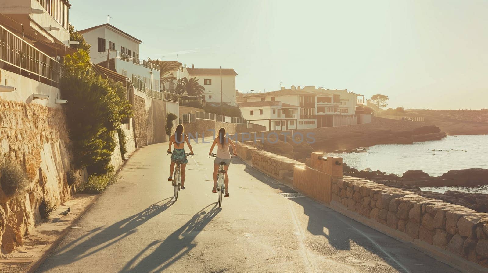 Two young women enjoy a leisurely bike ride along a picturesque coastal pathway. The sun casts warm light on the surroundings, highlighting the charming buildings and scenic shoreline. Their laughter blends with the gentle sound of waves.