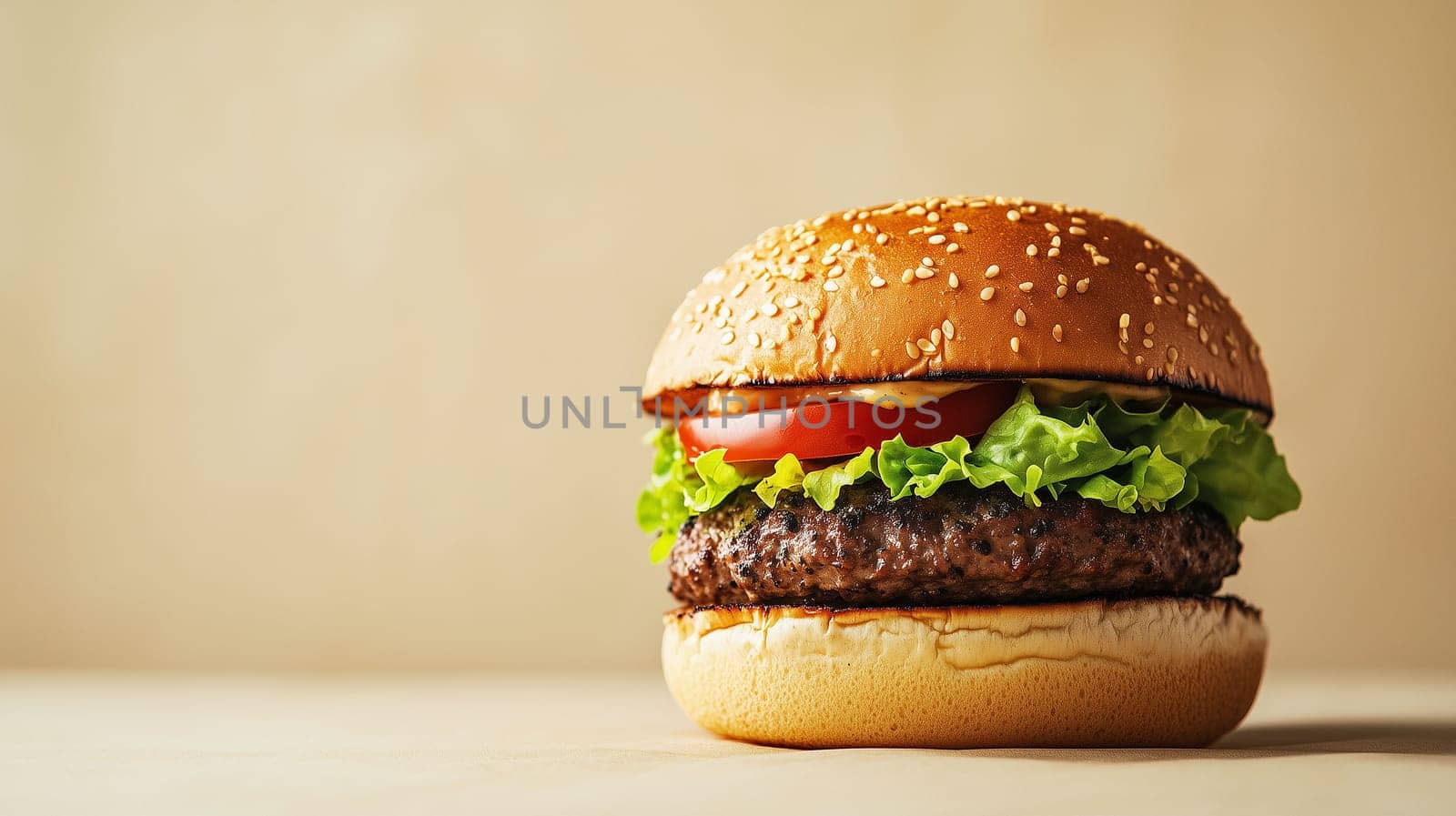 A delicious hamburger featuring fresh lettuce, tomato, and a beef patty on a sesame seed bun.