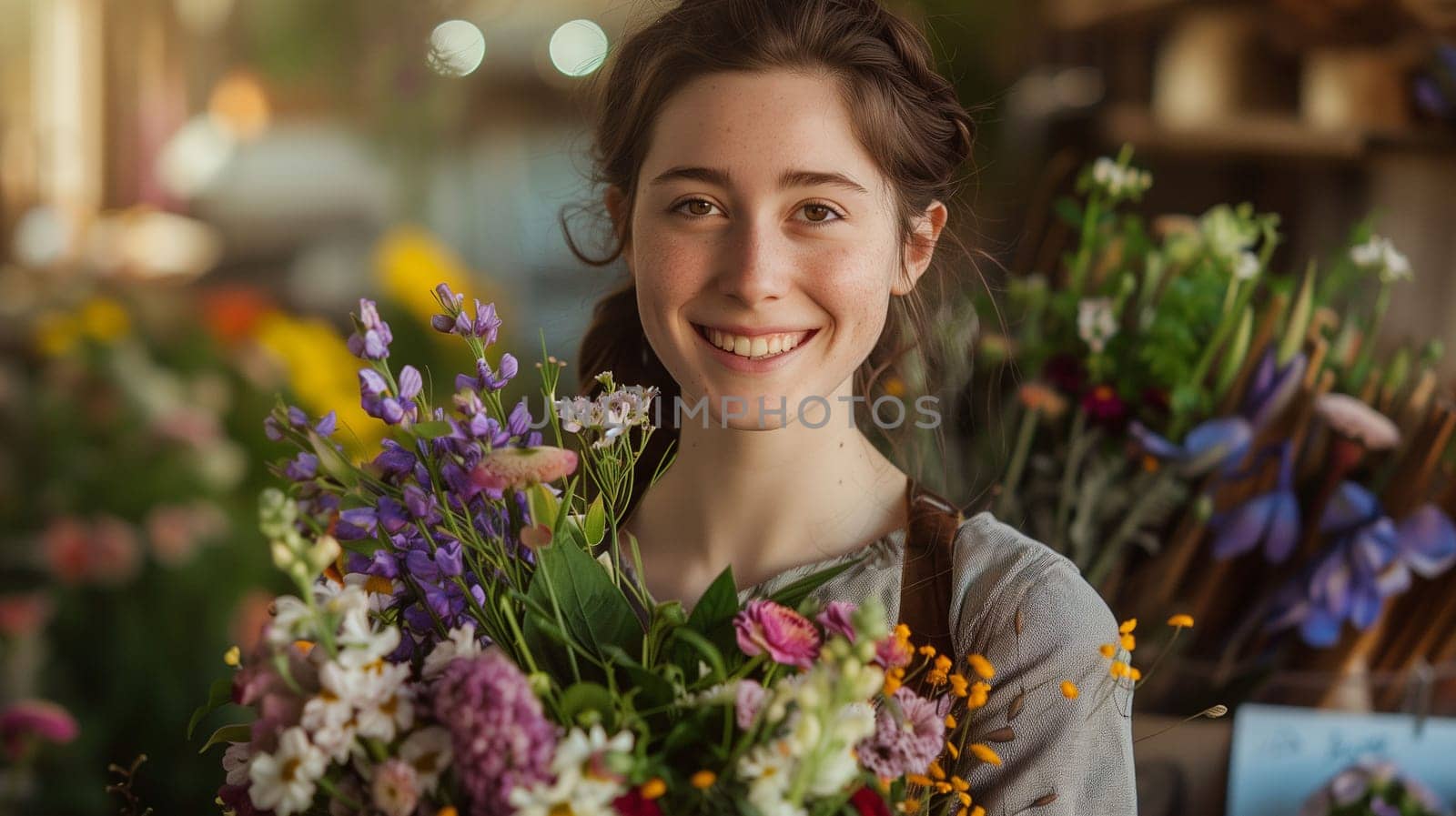 A young florist stands proudly in her flower shop, smiling brightly as she holds a beautifully arranged bouquet filled with various colorful blooms. The shop is bursting with vibrant flowers of all types, creating a cheerful atmosphere.