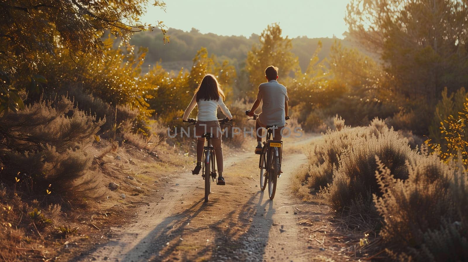 Two individuals enjoy a leisurely bike ride along a picturesque dirt path surrounded by lush greenery and sunlight filtering through the trees. The warm tones of sunset create a serene atmosphere as they pedal side by side.