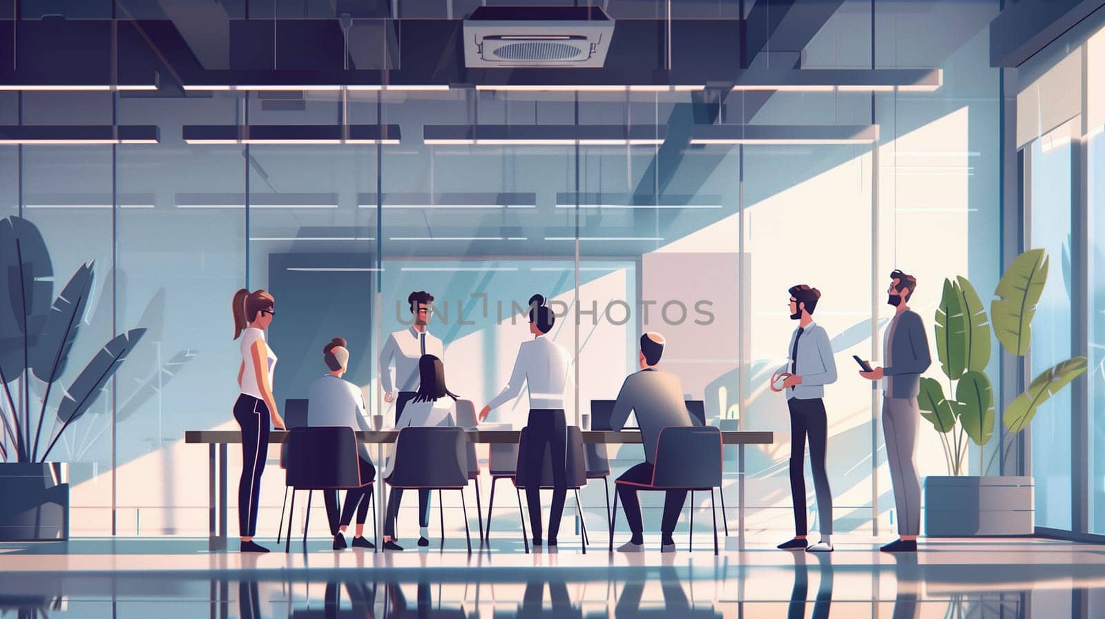 A corporate team engages in a collaborative discussion about innovative business ideas in a stylish, glass-walled meeting room with large windows letting in natural light.