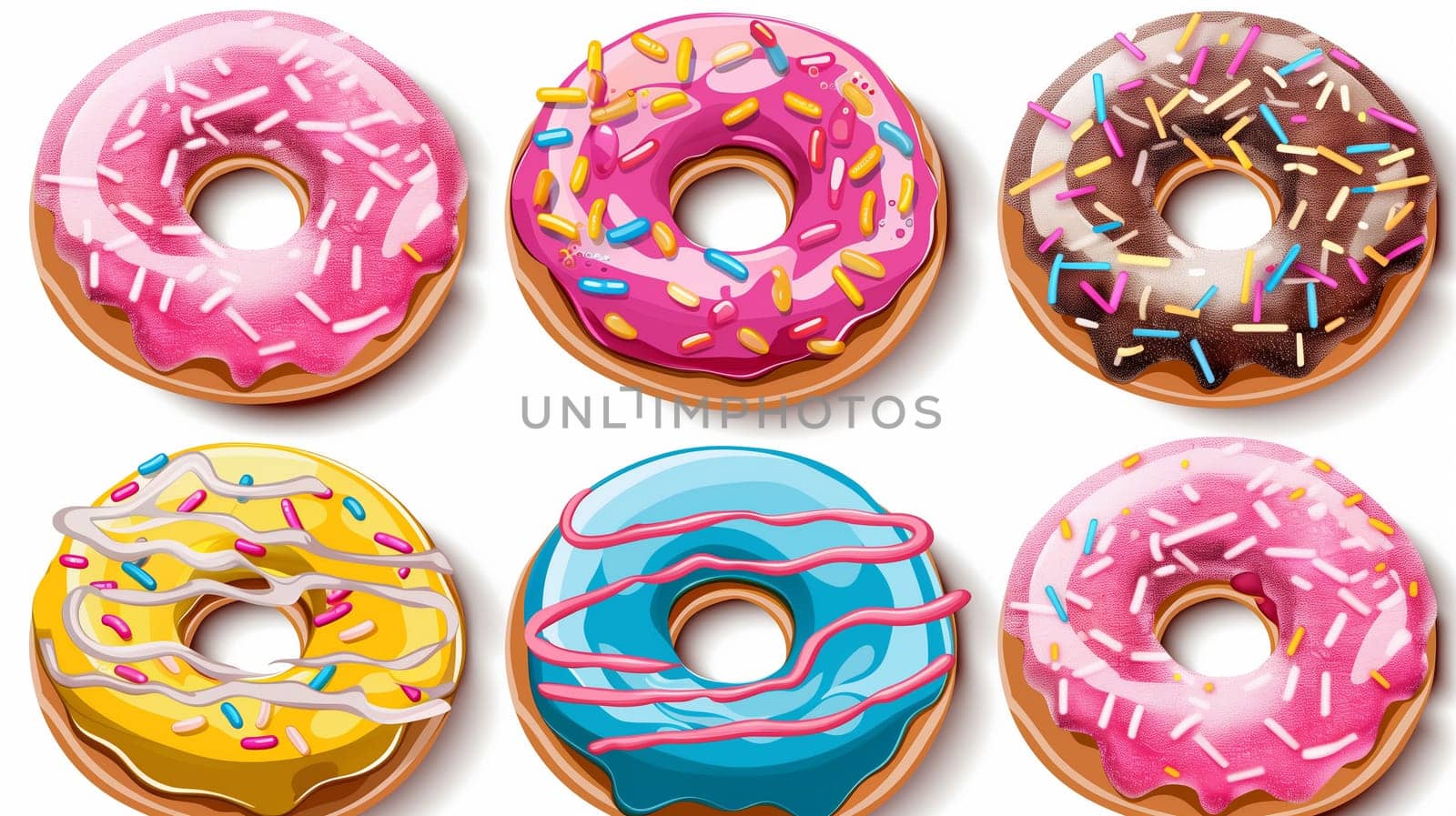 A vibrant collection of donuts showcases a variety of flavors and colors, including pink, yellow, blue, and chocolate, all adorned with colorful sprinkles. Each donut is visually appealing and invites indulgence.