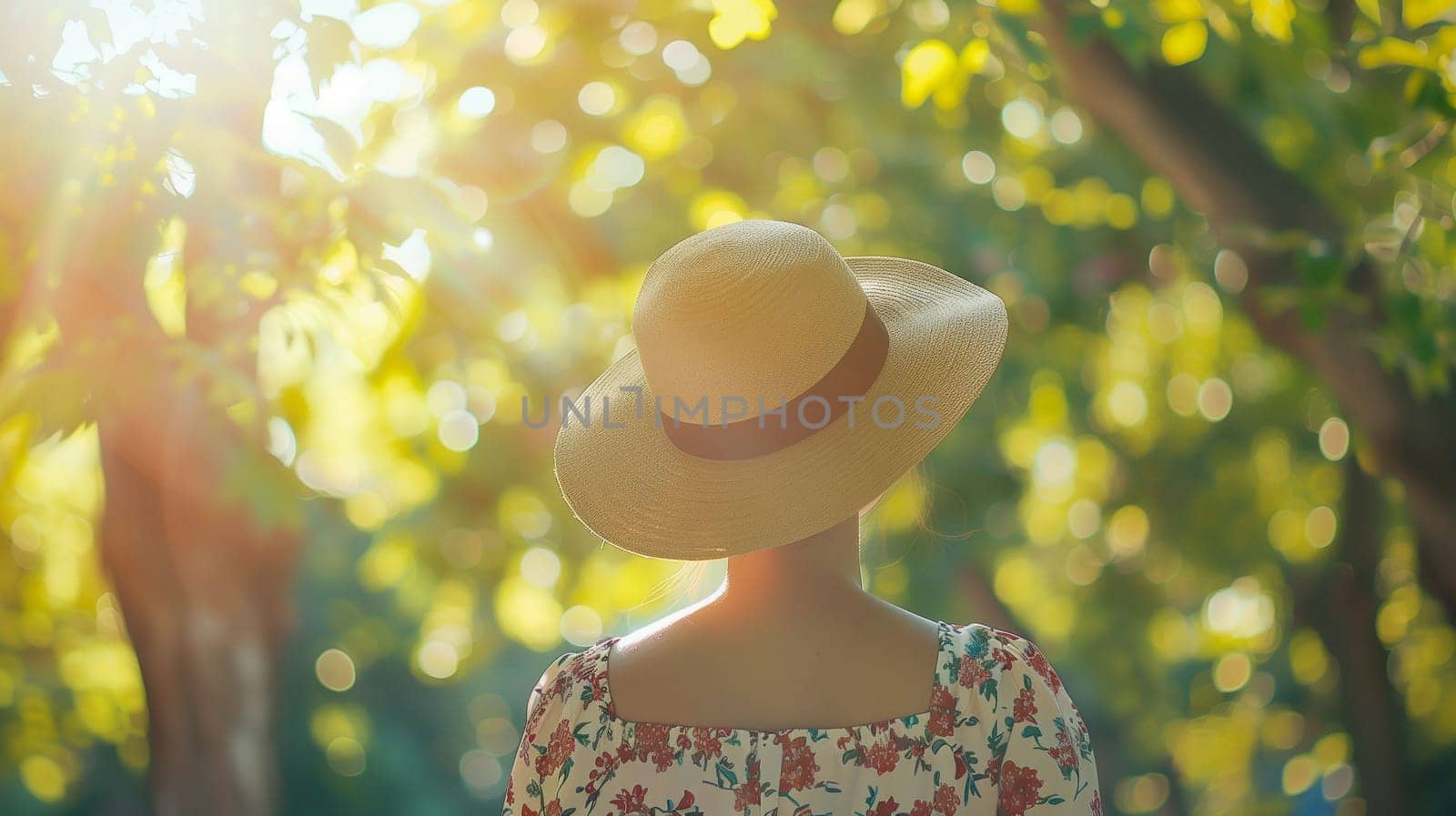 A woman with a straw hat strolls through a vibrant park filled with green foliage. The sunlight filters through the leaves, creating a warm and inviting atmosphere. She appears relaxed as she takes in the beauty of the surroundings, embodying a peaceful moment in nature.