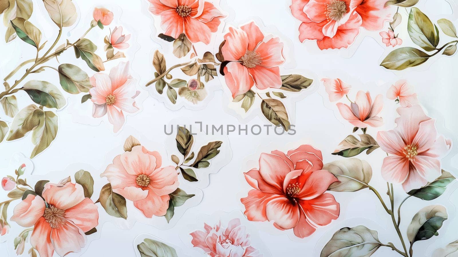 A beautiful arrangement of pink and peach flowers is displayed on a soft, light-colored background, showcasing intricate details of blossoms and leaves. The floral design creates an inviting and cheerful atmosphere, perfect for various decorative applications.