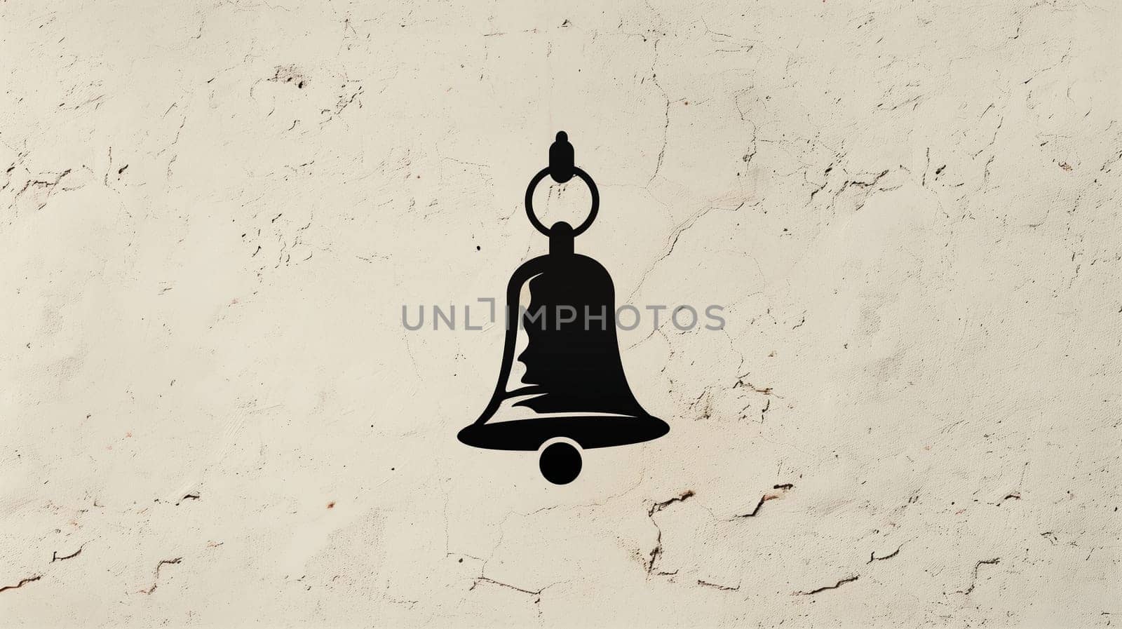 The black bell icon is prominently displayed against a textured beige background, showcasing a minimalist design approach. The bell's simple silhouette enhances its striking appearance, drawing attention to the clean lines and shapes present in the visual.