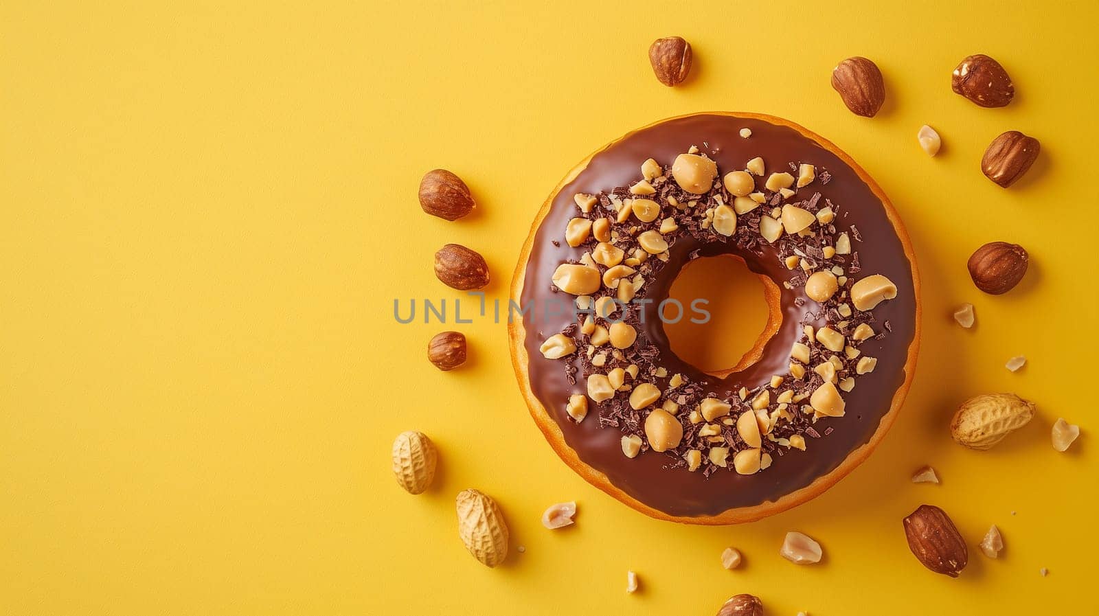 A chocolate-covered donut adorned with chopped nuts and peanuts sits on a bright yellow surface, creating a vibrant and tempting treat perfect for dessert lovers.