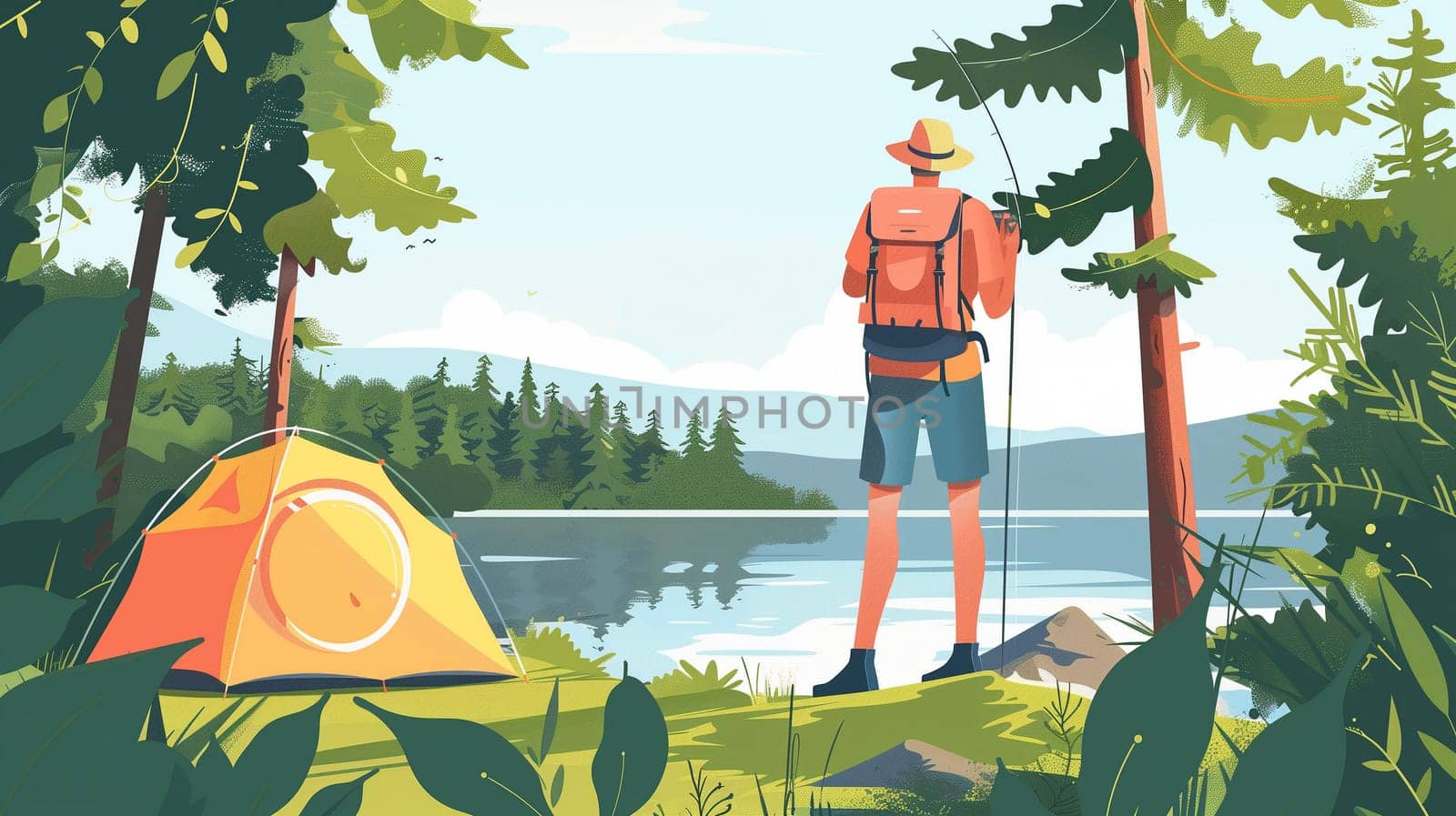 A man stands peacefully by the edge of a calm lake, casting his fishing line into the water. He is surrounded by tall green trees, with a bright orange tent set up nearby. The clear sky and gentle mountains create a tranquil backdrop, emphasizing the beauty of nature.