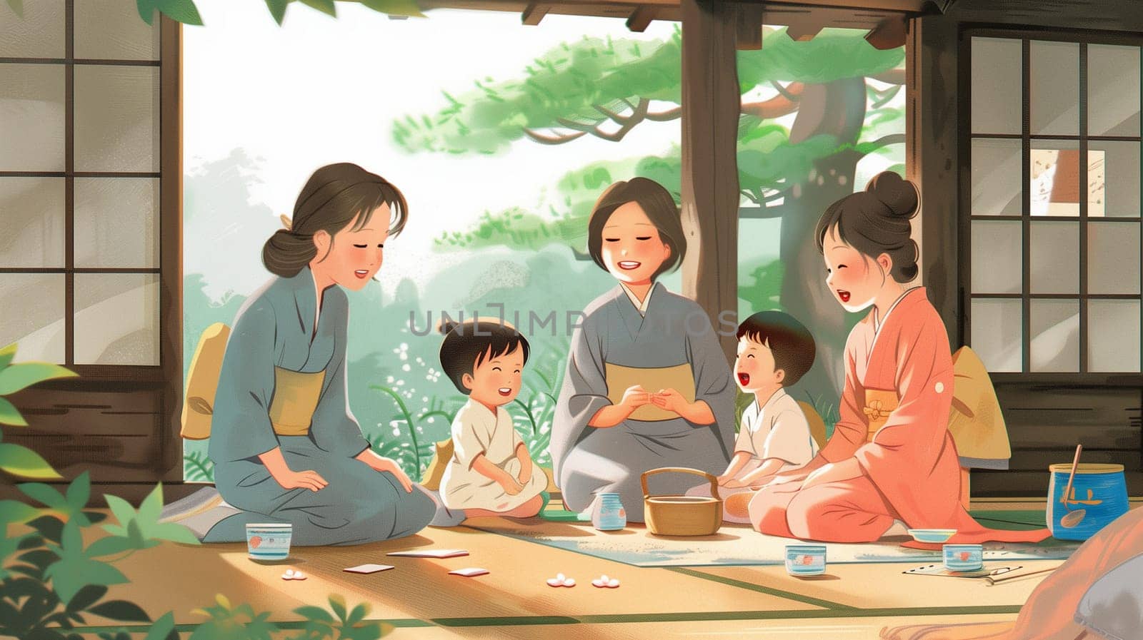 A Japanese family spends quality time with a nanny, joyfully playing games indoors. The cozy setting features traditional decor, and everyone shares laughter, creating cherished memories together.