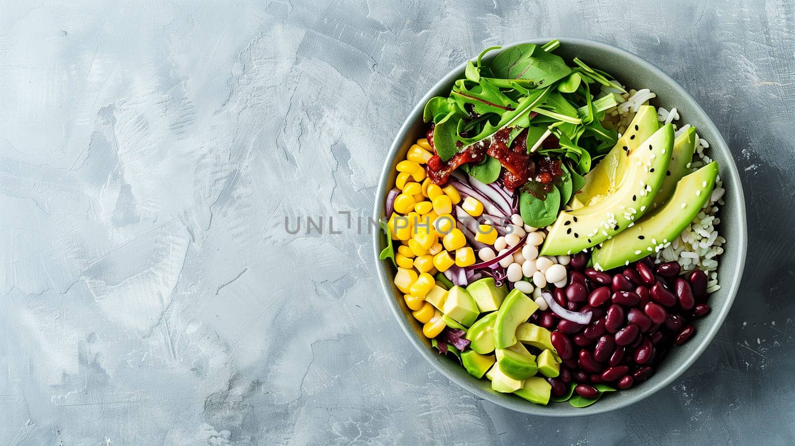 A vibrant bowl filled with a variety of fresh ingredients sits on a gray surface. The arrangement includes sliced avocado, corn, beans, and spinach, showcasing a blend of colors and textures. This nutritious meal highlights healthy eating and colorful presentation.