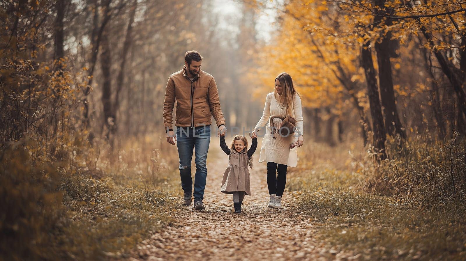 A family strolls hand in hand along a forest path, with vibrant autumn leaves surrounding them, creating a warm and joyful atmosphere.