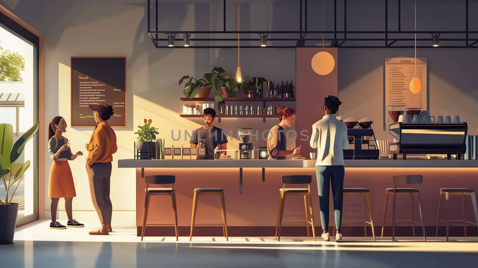 Staff members efficiently prepare beverages and serve customers during a bustling shift at a small cafe, showcasing teamwork and a vibrant atmosphere.