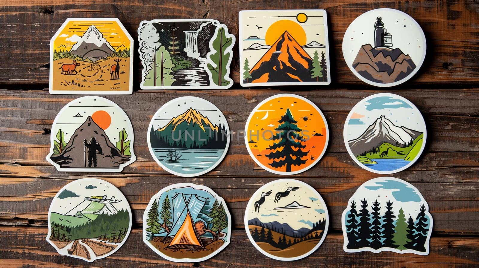 A collection of vibrant stickers displaying various mountainous landscapes, nature scenes, and outdoor adventure themes is arranged on a rustic wooden table. Each sticker showcases unique artwork, including mountains, trees, sunsets, and camping imagery, inviting viewers to appreciate the beauty of the great outdoors.
