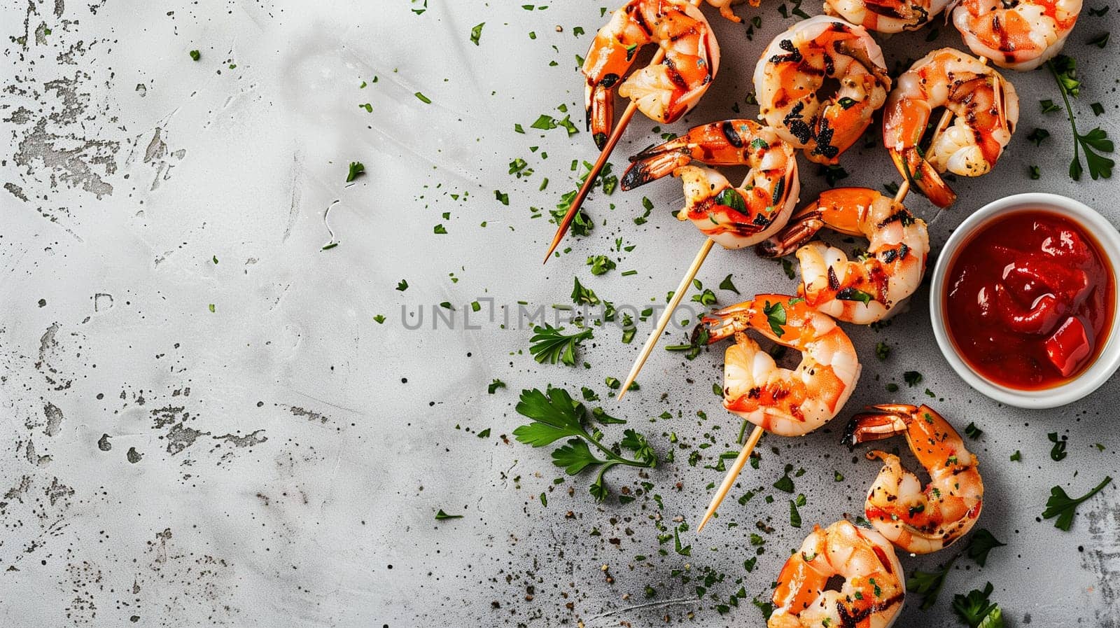 A delicious display of grilled shrimp skewers sits on a rustic gray tabletop, garnished with fresh herbs. A small bowl of dipping sauce accompanies the skewers, enhancing the flavor and presentation.