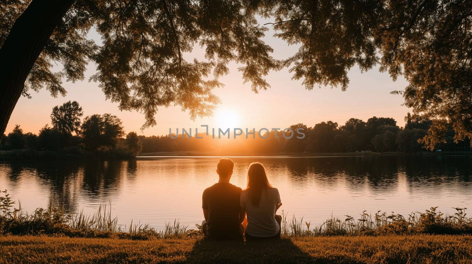 A couple sits by a tranquil lake, watching the sun set behind lush trees, creating a beautiful evening atmosphere.