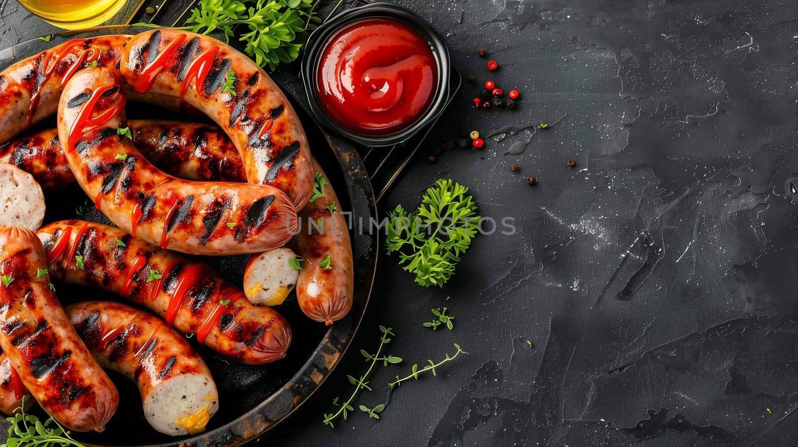 An assortment of grilled sausages rests on a dark platter surrounded by vibrant herbs. Condiments, including ketchup, are artfully arranged alongside the dish, creating a mouthwatering presentation perfect for a casual gathering or barbecue.
