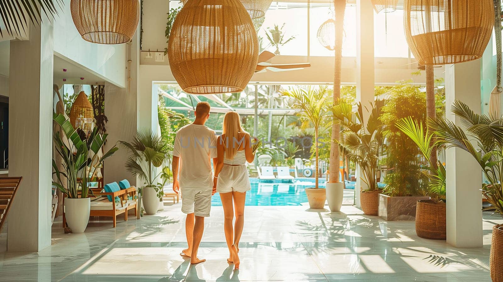 A couple walks hand in hand through a bright and airy resort lobby adorned with tropical plants. Sunlight streams through large windows, illuminating their path toward a serene swimming pool in the background. The atmosphere exudes relaxation and romance.