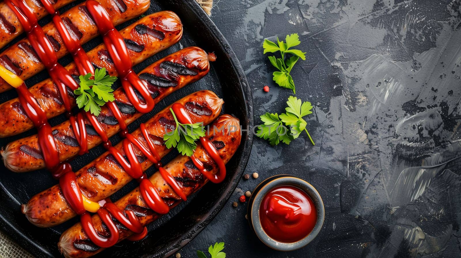 A tantalizing display of grilled sausages is elegantly arranged on a dark plate, drizzled with ketchup and garnished with fresh herbs. The atmosphere is enriched by the rustic kitchen backdrop, showcasing a delightful culinary moment.