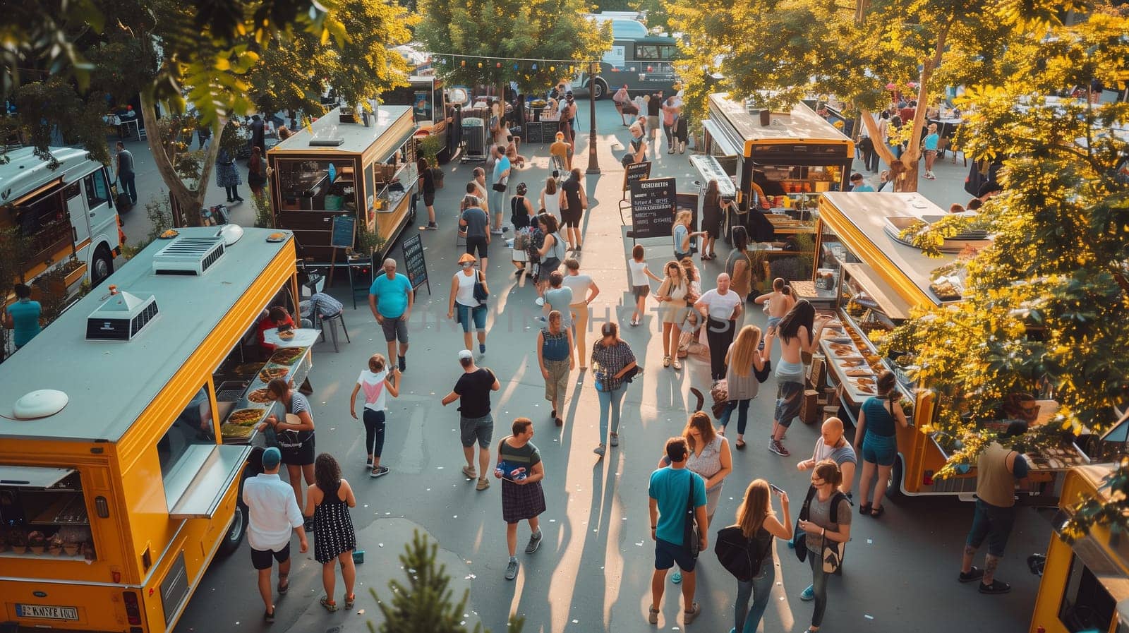 A lively gathering unfolds as crowds stroll through a park filled with colorful food trucks. Families and friends enjoy a variety of cuisines while basking in the warm sunlight. A festive atmosphere encourages socializing and sampling delicious street food from local vendors.