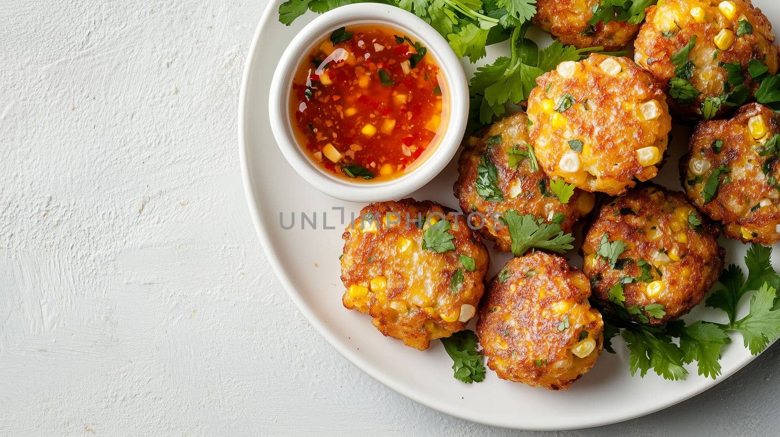 A plate of golden corn fritters garnished with fresh cilantro, accompanied by a spicy dipping sauce, showcases a vibrant and appetizing dish perfect for sharing and enjoying.