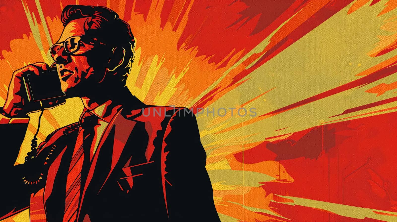 A stylishly dressed man stands confidently while talking on a vintage telephone. Bold colors explode behind him, creating an energetic atmosphere that enhances the intensity of the moment. The mural captures a blend of modern cool and classic appeal.