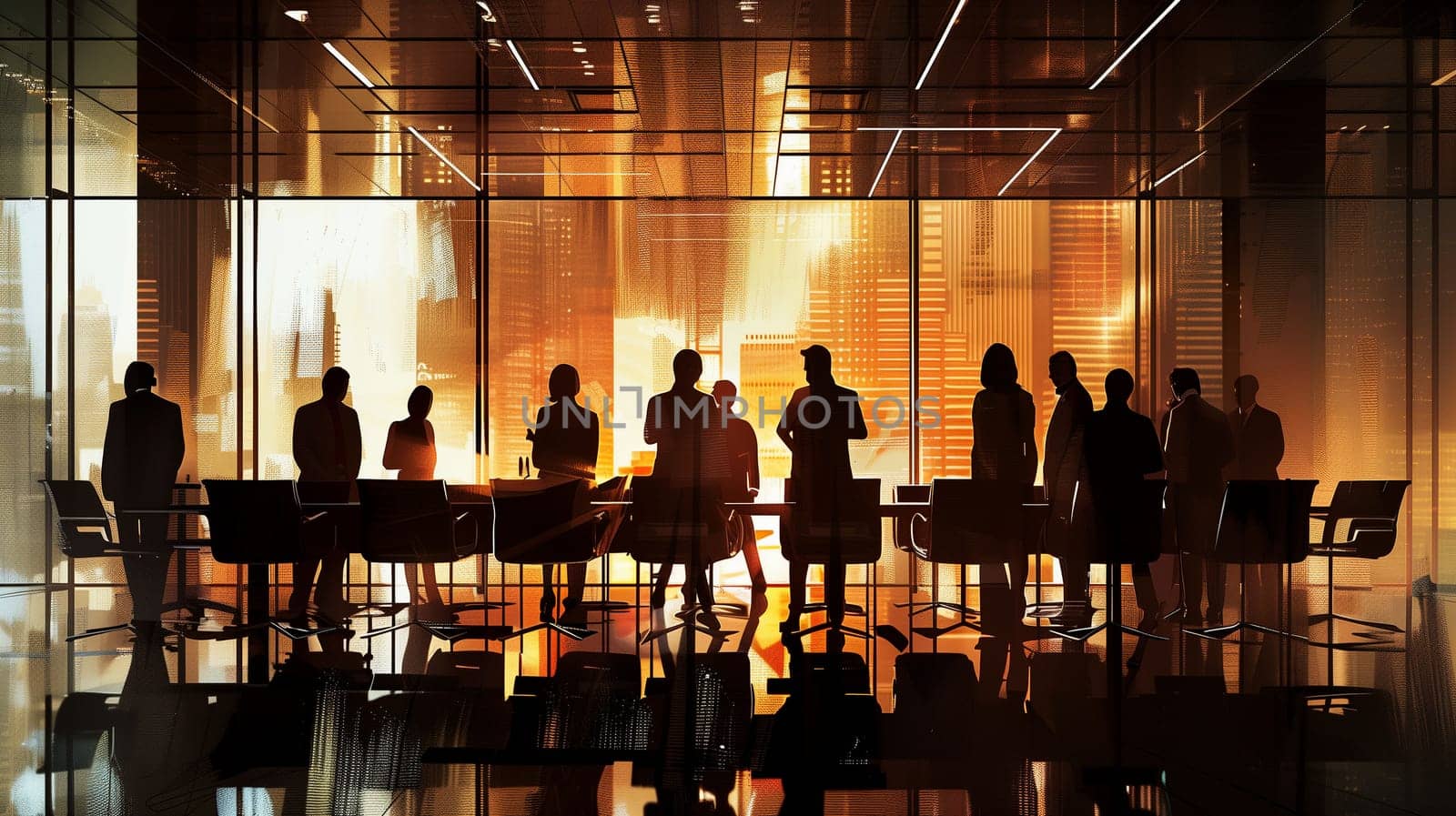 A group of business professionals collaborates in a sleek, modern boardroom, discussing strategies and plans while overlooking a vibrant city skyline illuminated by evening lights.