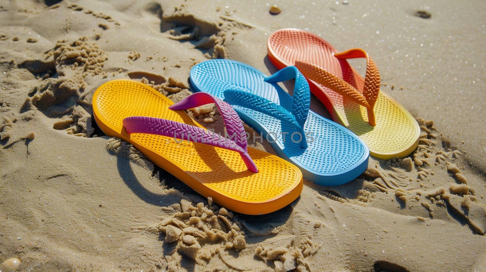 Brightly colored sandals in vibrant orange, blue, and pink are placed on golden sandy beach ground. The sun shines down, illuminating the footwear while gentle waves lap at the shoreline nearby.