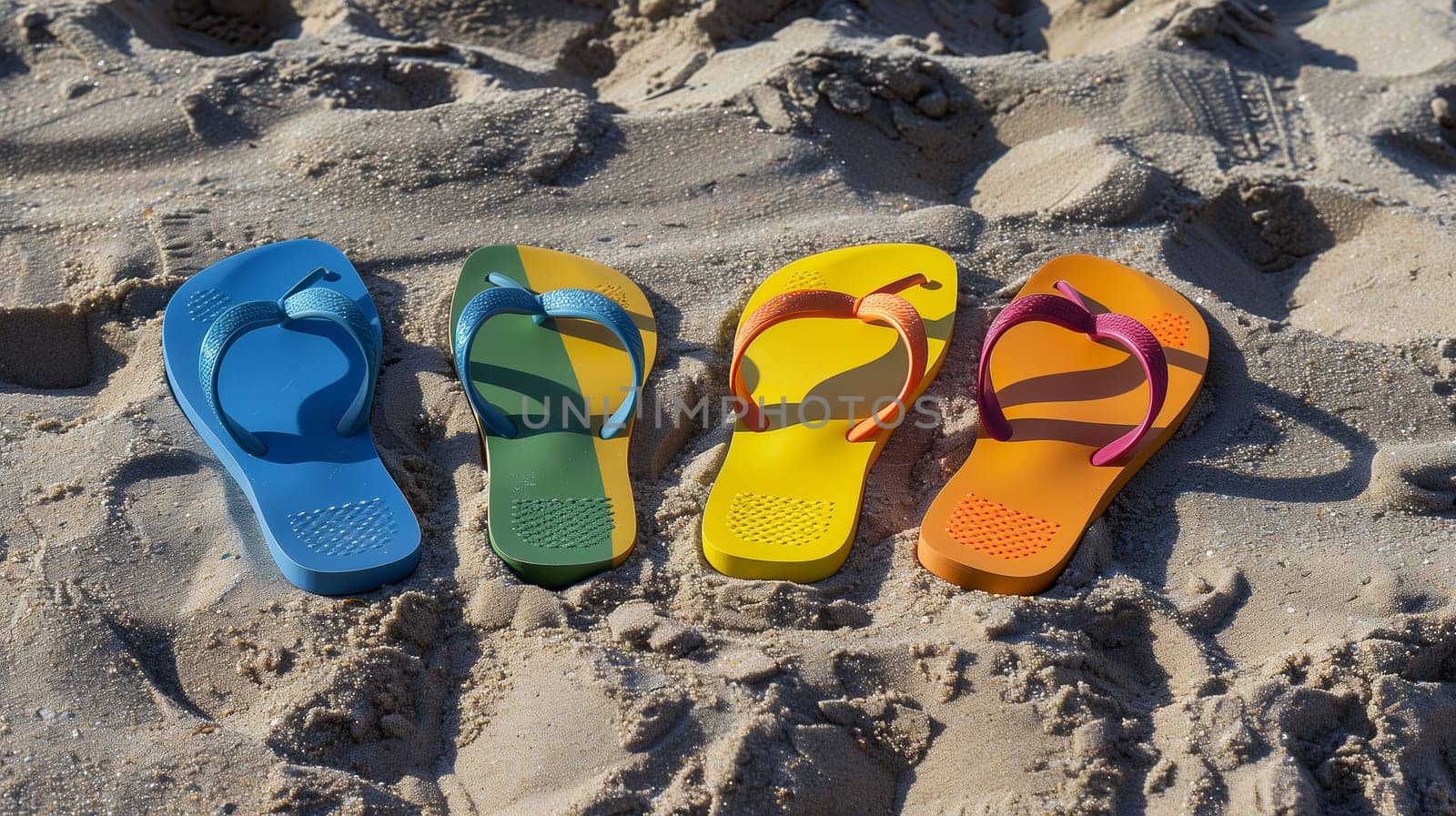 A vibrant array of flip flops in blue, green, yellow, and orange rests on warm, soft sand at the beach. The bright colors of the footwear stand out against the golden grains and create a cheerful atmosphere, inviting beachgoers to enjoy the sunny day.