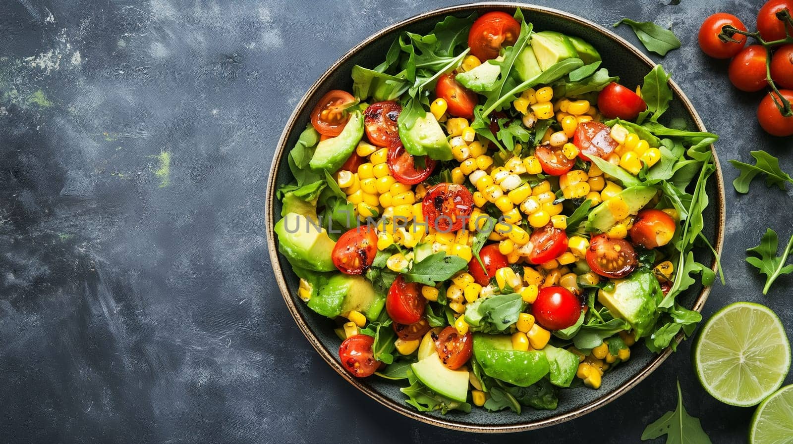 A vibrant salad mixes fresh cherry tomatoes, sweet corn, and creamy avocado with crisp leafy greens. The dish is garnished with lime and sits on a dark countertop, offering a healthy meal option.