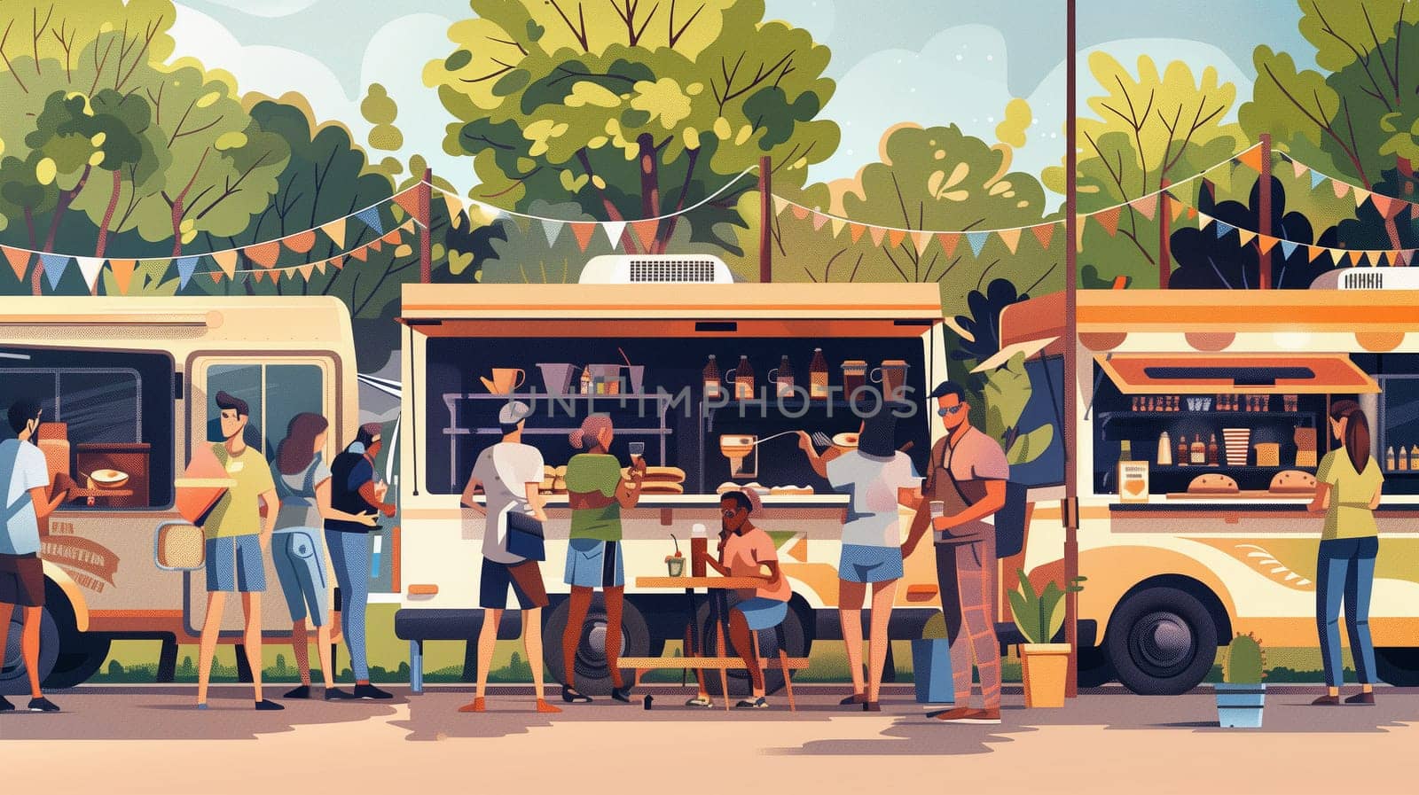 A lively gathering is taking place in a local park where vendors serve delicious food from colorful food trucks. Families and friends enjoy various cuisines while relaxing under the warm sun, creating a cheerful atmosphere filled with laughter and conversation.