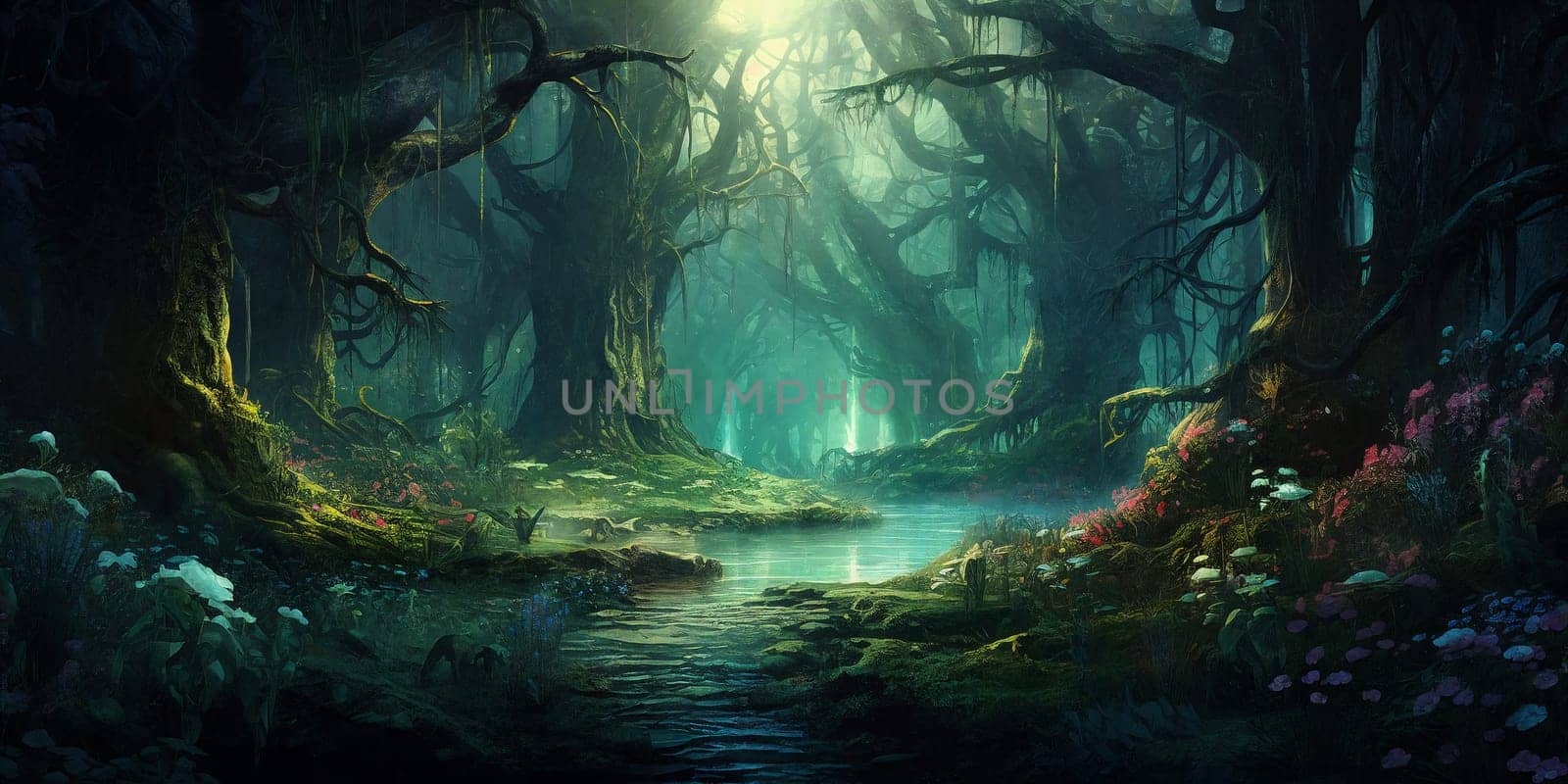 In a fantasy forest, a tranquil river winds its way through flowers as ethereal light dances among the trees. AI Generative.