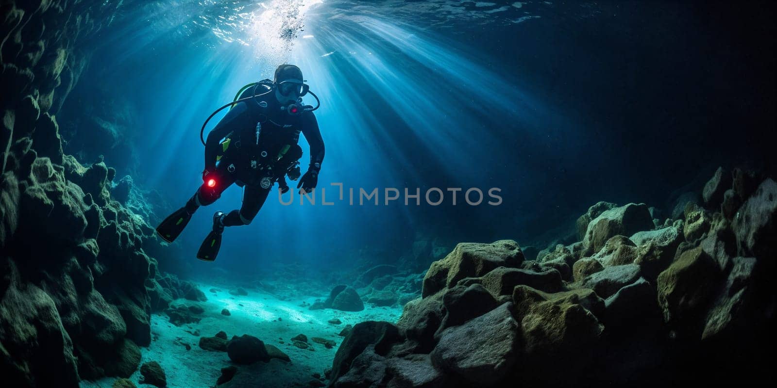 Diver explores dark underwater cave. Rays of light penetrate the water, revealing hidden secrets. Generative AI.