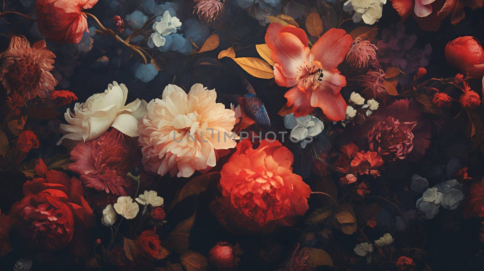 An enchanting illustration featuring a vibrant background of colorful vintage flowers. Generative AI. by GoodOlga