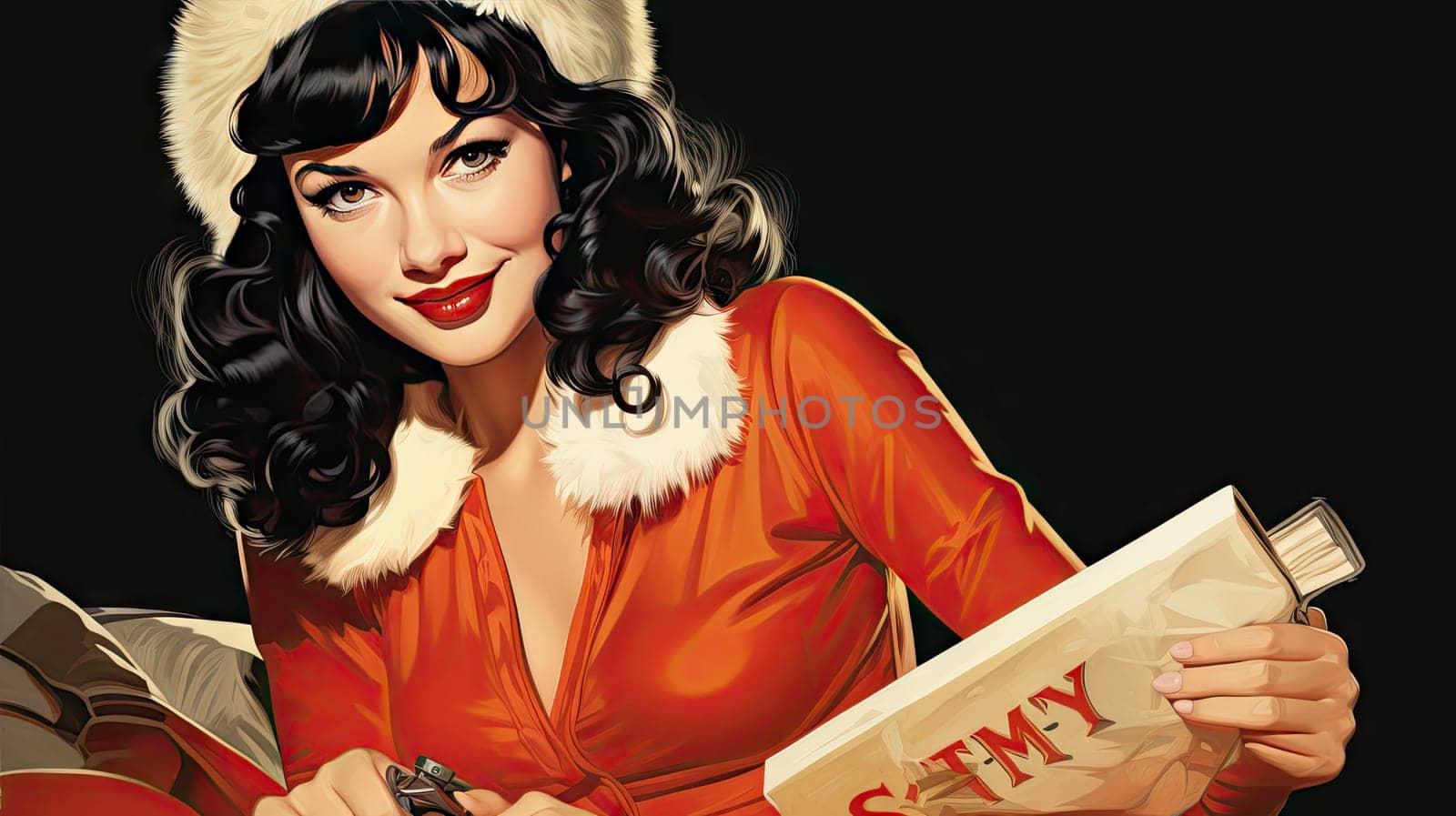 Beautiful pinup girl dressed as Santa Claus with gifts