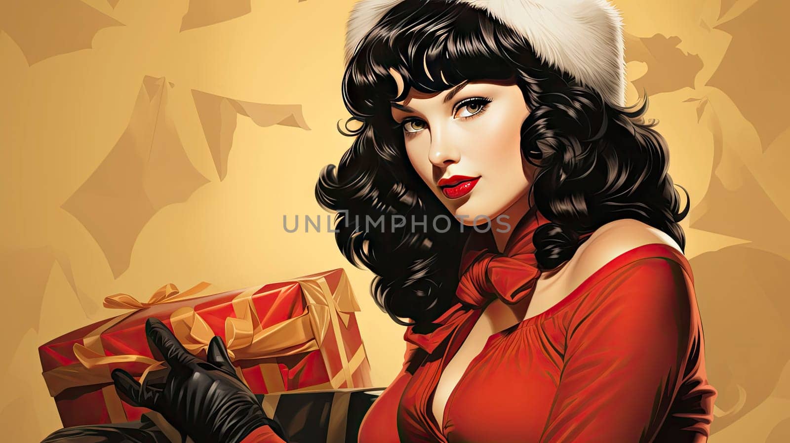 Beautiful pinup girl dressed as Santa Claus with gifts