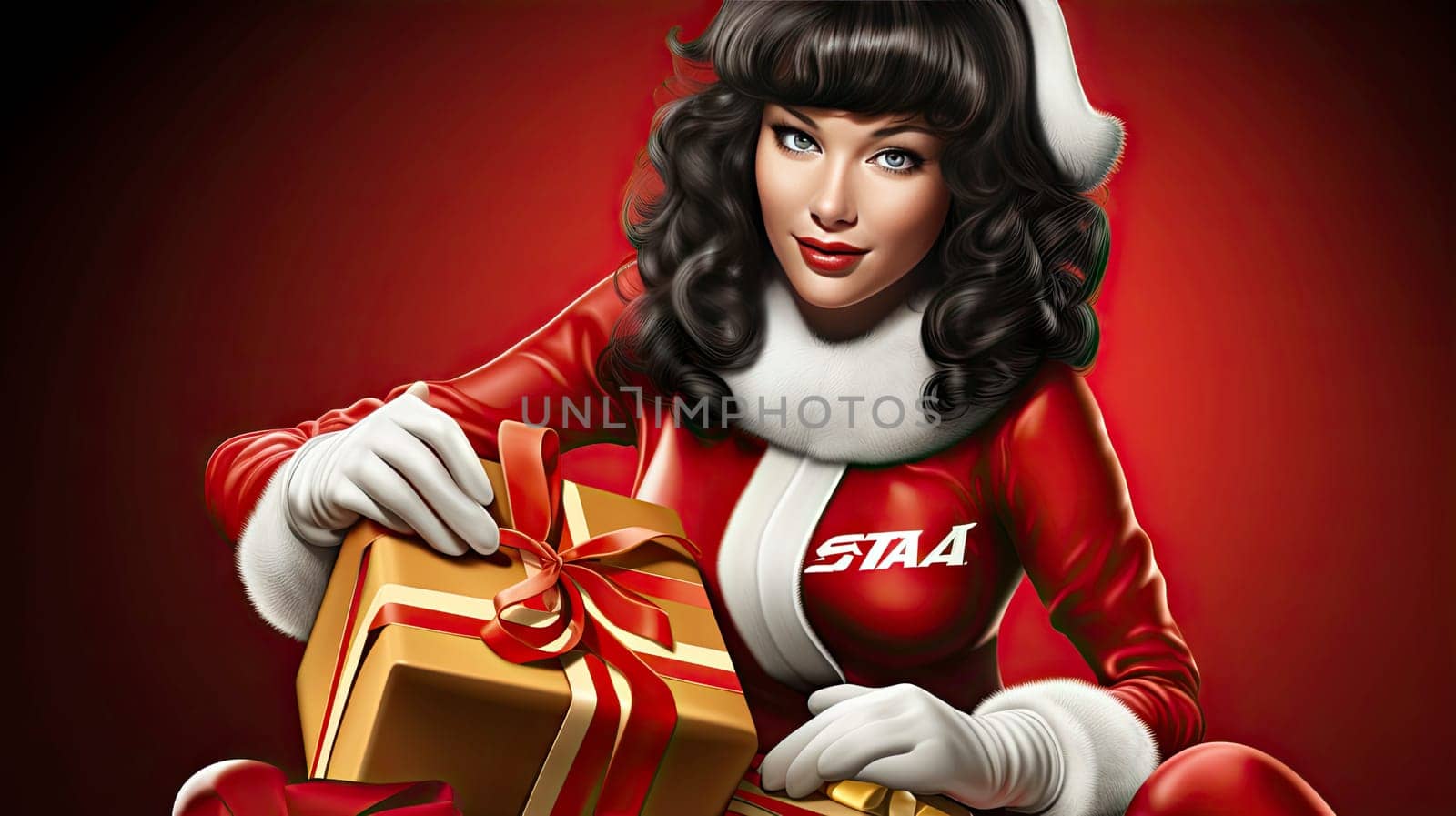 Beautiful pinup girl dressed as Santa Claus with gifts