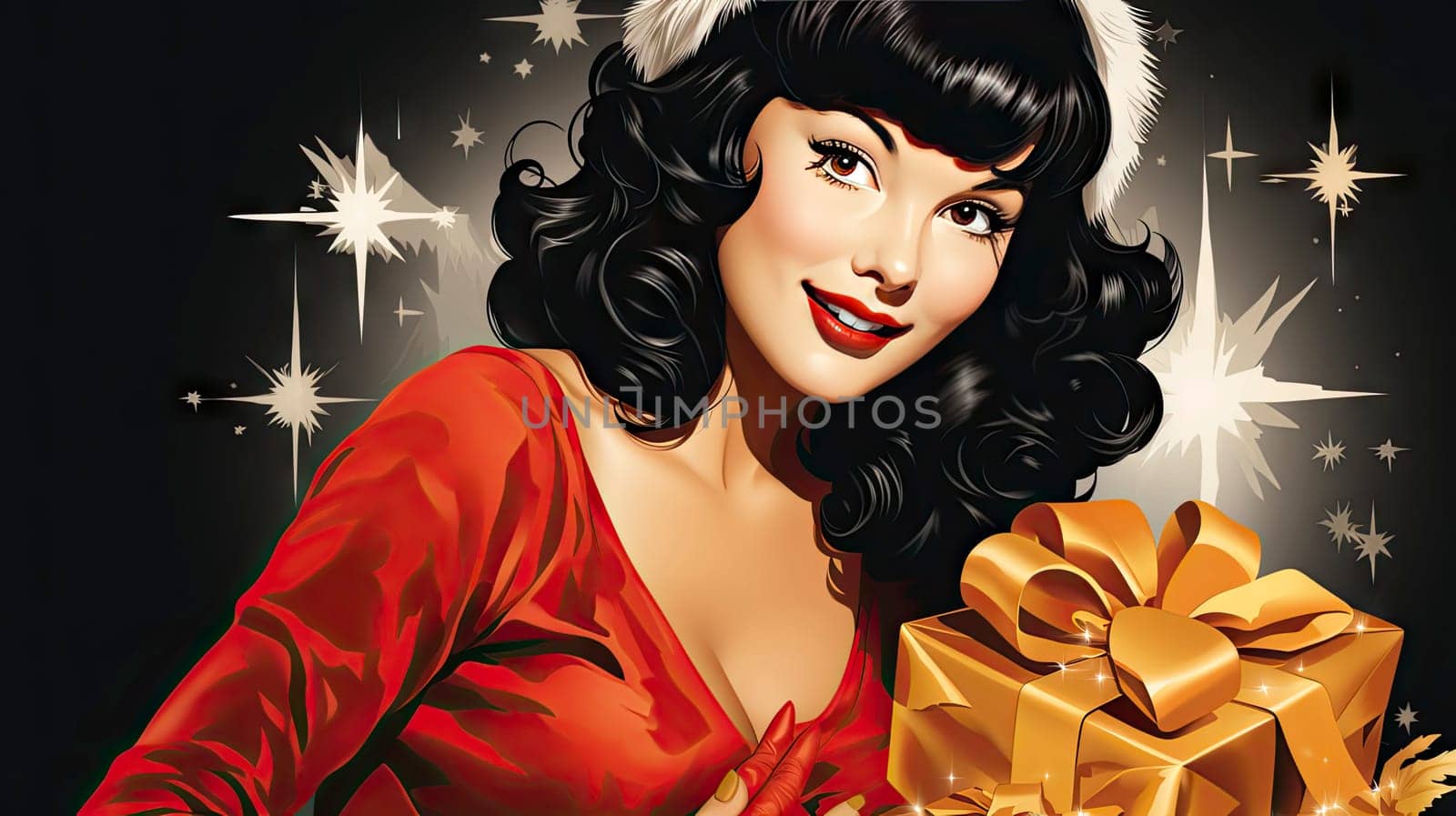 Beautiful pinup girl dressed as Santa Claus with gifts