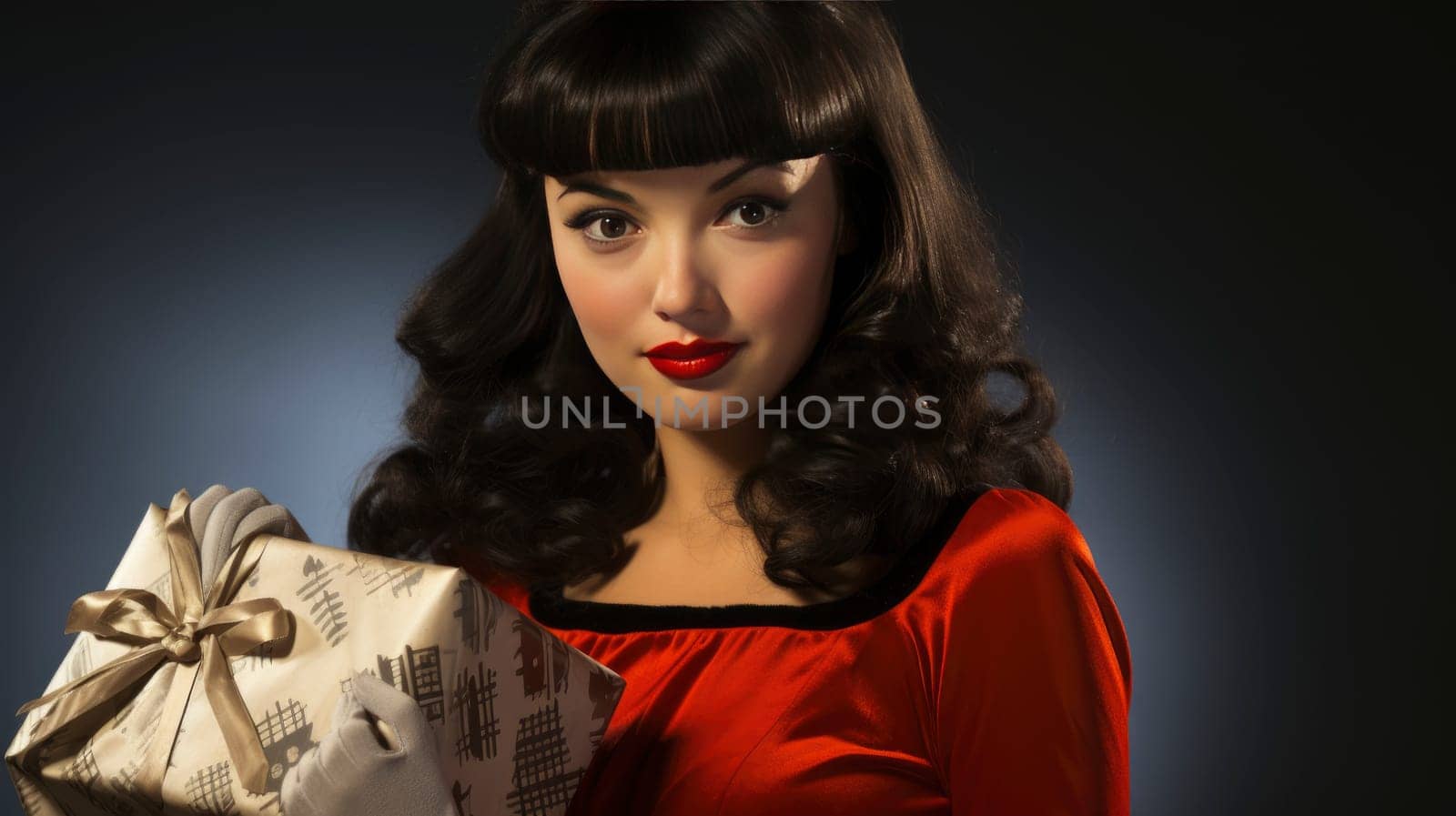 Beautiful pinup girl dressed as Santa Claus with gifts