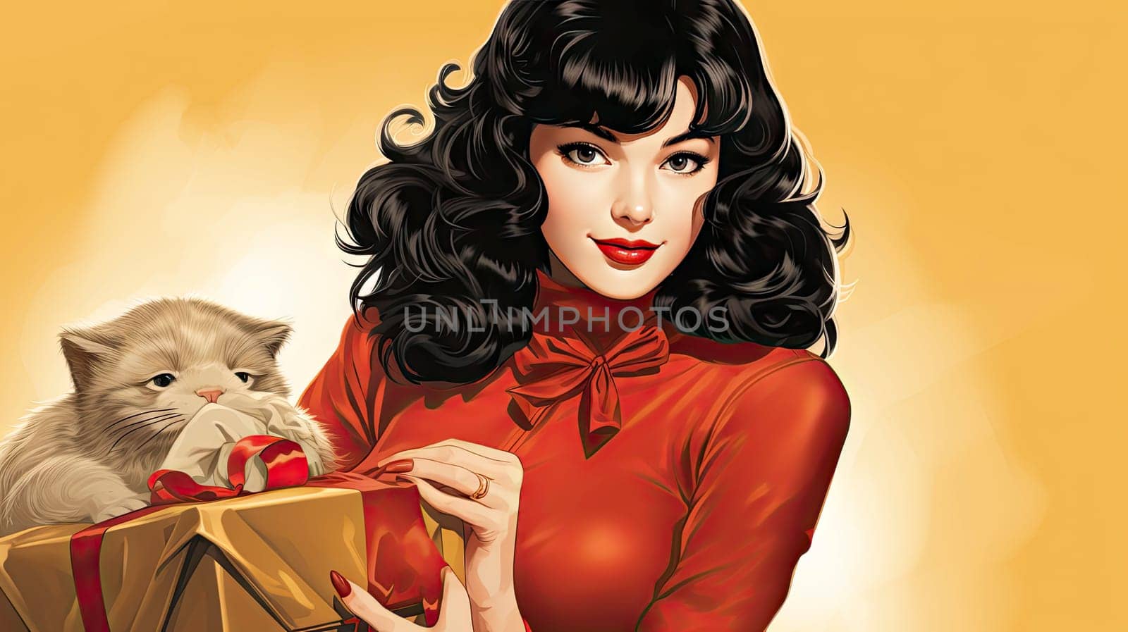 Beautiful pinup girl dressed as Santa Claus with gifts