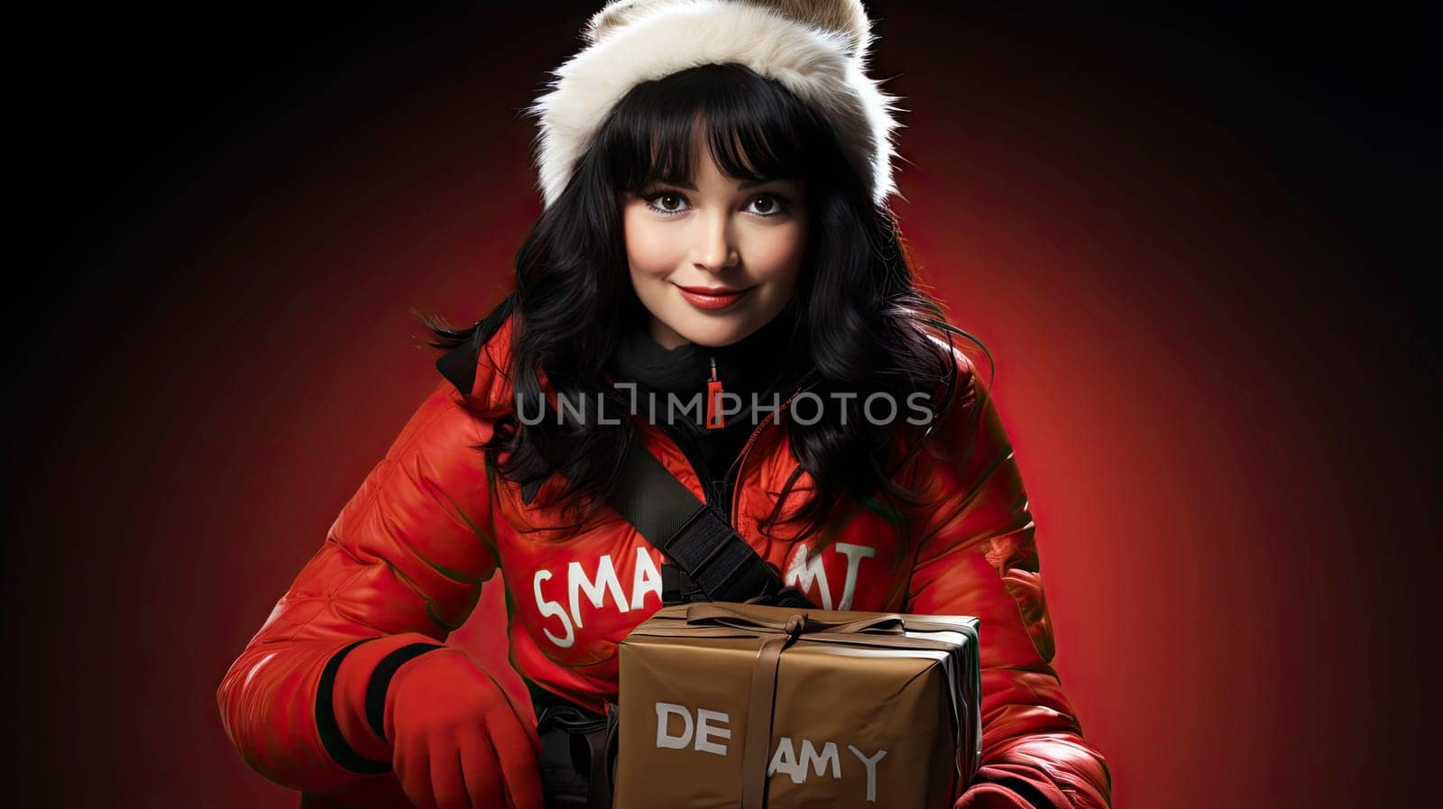 Beautiful pinup girl dressed as Santa Claus with gifts