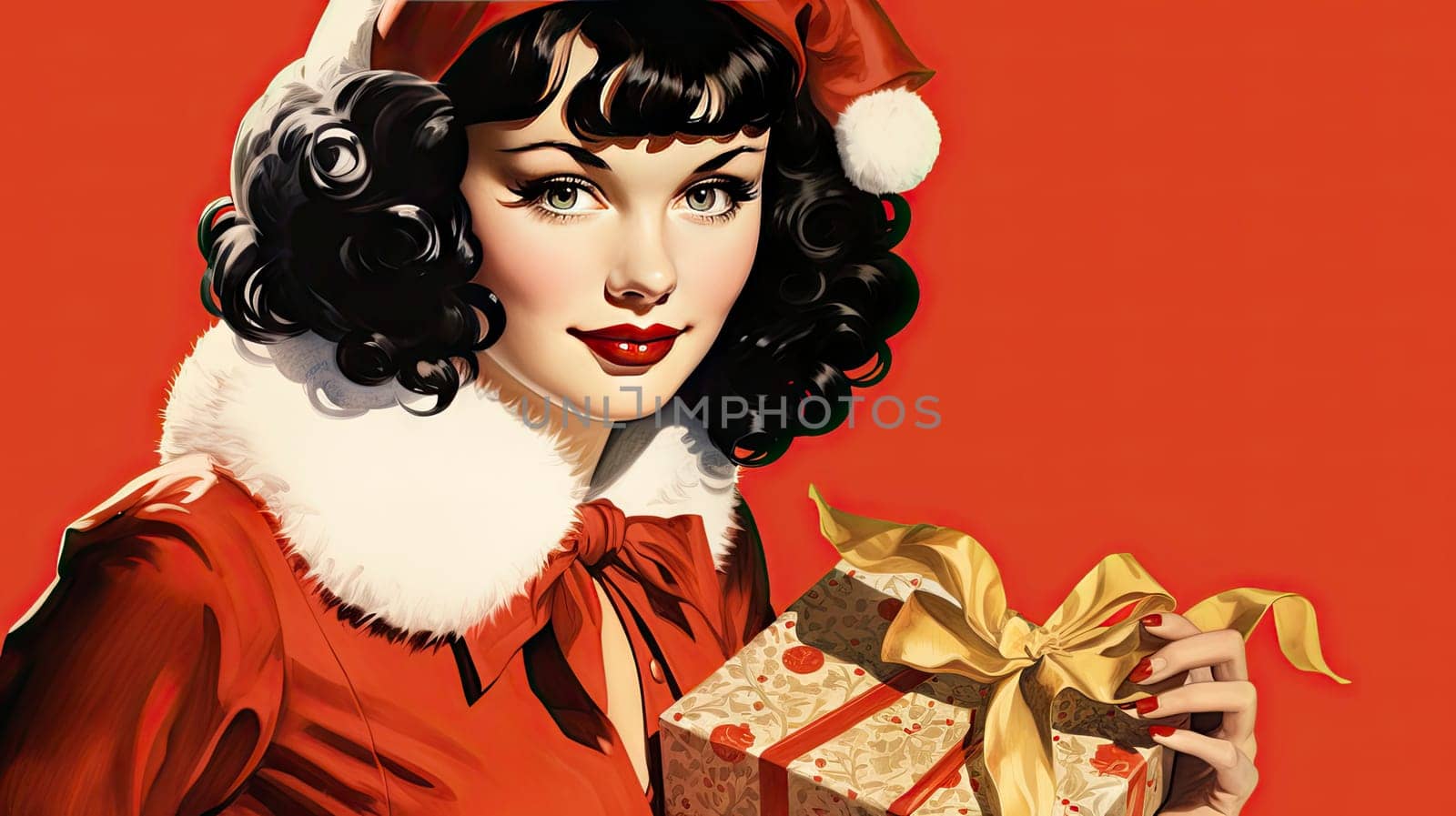 Beautiful pinup girl dressed as Santa Claus with gifts