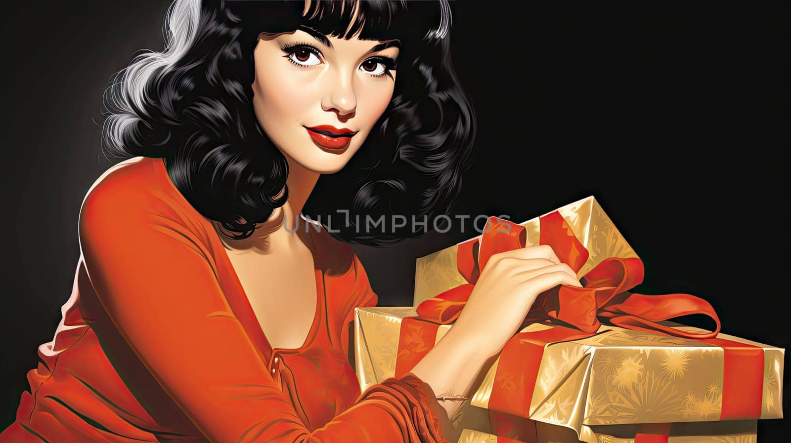 Beautiful pinup girl dressed as Santa Claus with gifts